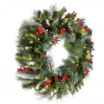 National Tree Company Pre-Lit Artificial Christmas Wreath, Green, Wintry Pine, White Lights, Decorated with Pine Cones, Berry Clusters, Frosted Branches, Christmas Collection, 21 Inches