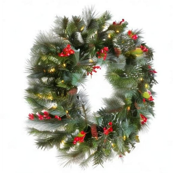 National Tree Company Pre-Lit Artificial Christmas Wreath, Green, Wintry Pine, White Lights, Decorated with Pine Cones, Berry Clusters, Frosted Branches, Christmas Collection, 21 Inches
