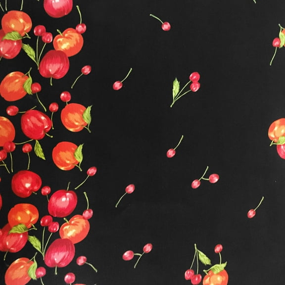 Cotton Print Table Runner Fruits Apples and Cherries Border Black