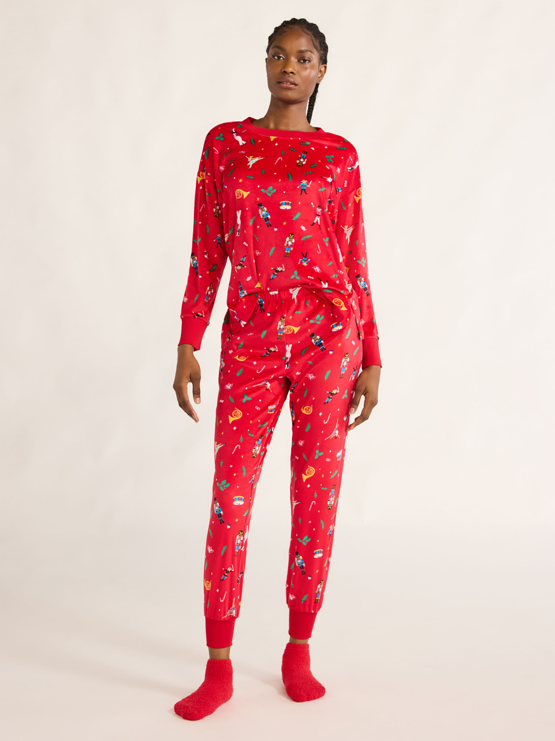 Joyspun Women's Stretch Velour Pajama Set with Socks, 3-Piece, Sizes XS-3X