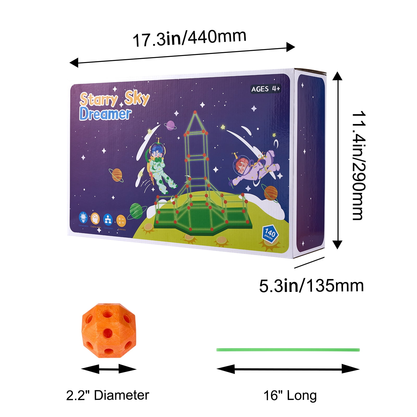 KFFKFF Kids' Construction Playset, 180PCS STEM Fort Kit, Ideal for Children Aged 4-8, Encourages Creative Indoor & Outdoor Play, Includes 120 Connectable Sticks and 60 Balls, Perfect Gift