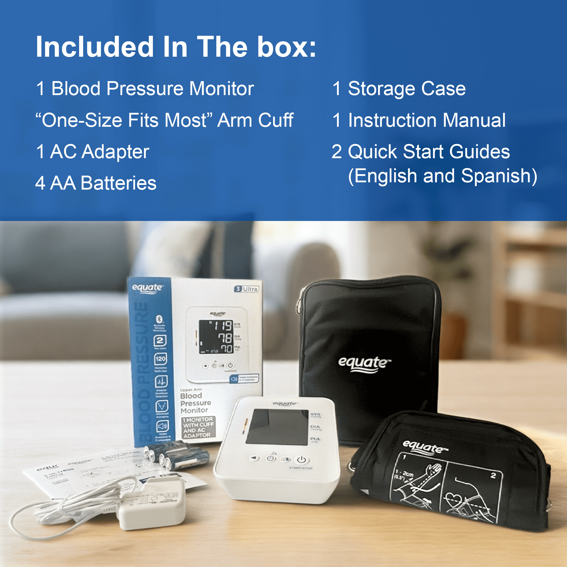 Equate 3 Ulta Automatic Digital Upper Arm Talking Wireless Blood Pressure Monitor with Large Cuff - 8010BLEWM