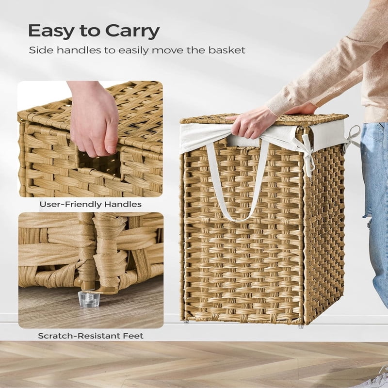 Kelno 110L Laundry Basket with Lid Foldable Rattan Clothes Hamper with Removable Liner Bag, Natural