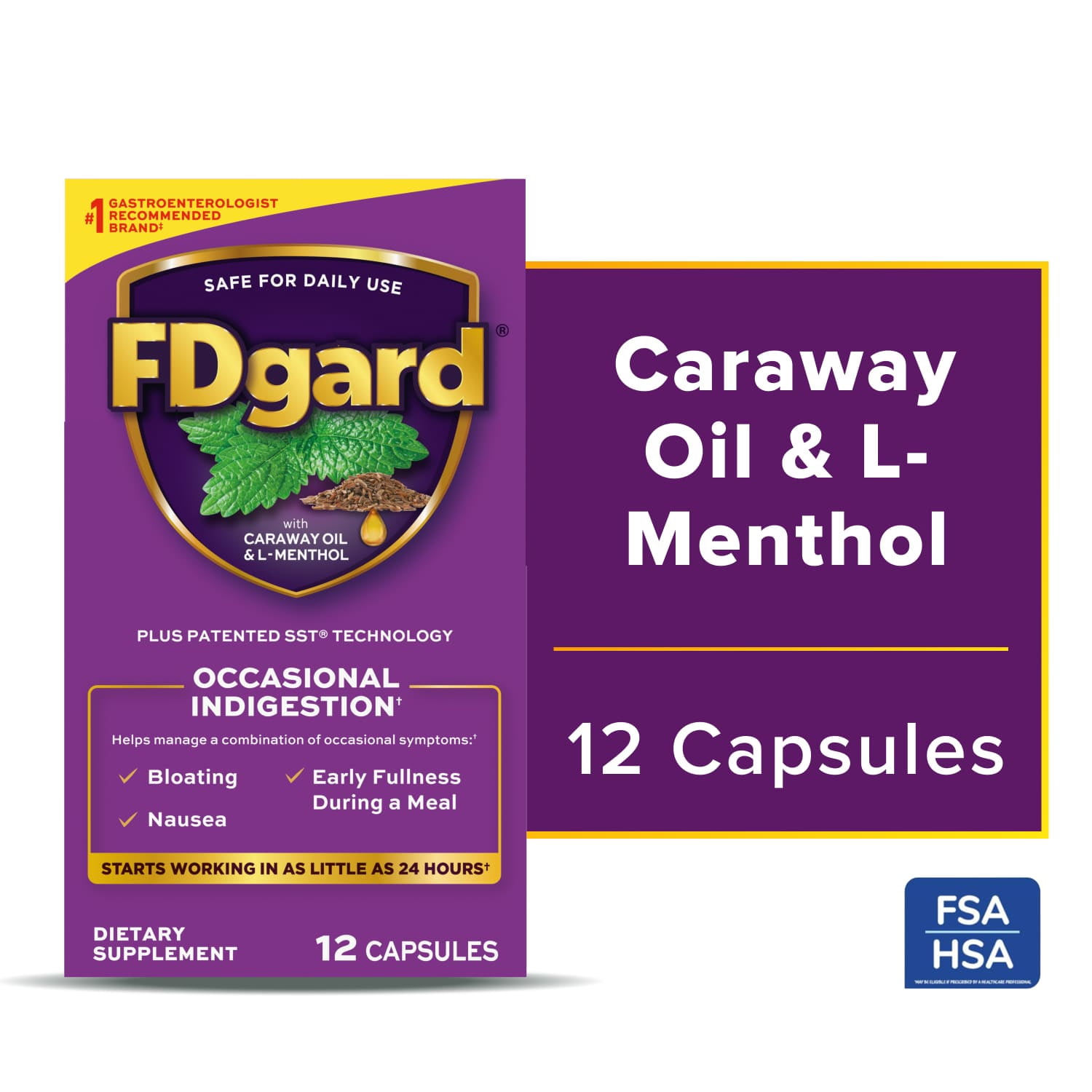 FDgard Digestive Health Supplement with Caraway Oil & L-Menthol for Occasional Nausea, Bloating & Upset Stomach†, 12ct (Packaging May Vary)