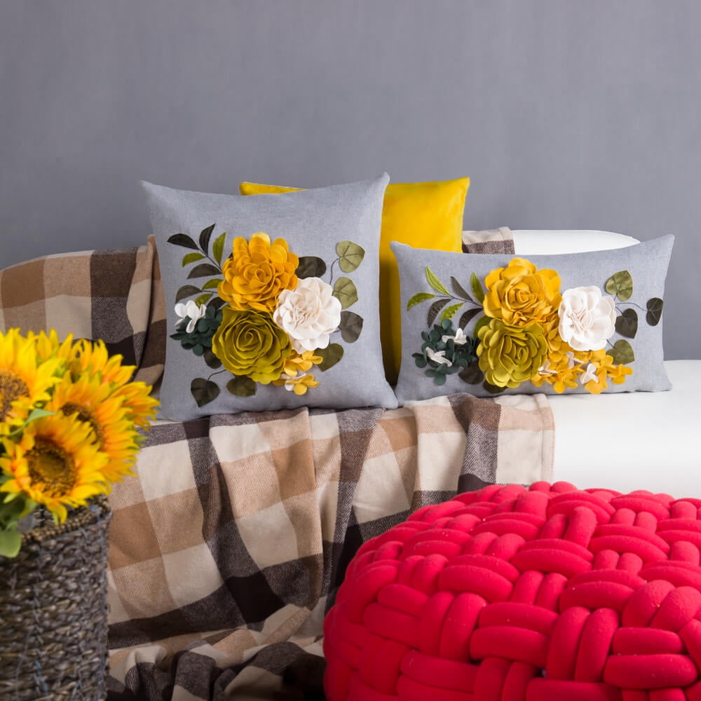 JWH 3D Colorful Flower Pillow Case Square Aesthetic Decorative Floral Throw Pillow Covers for Sofa Couch and Bed 18*18 inch Yellow