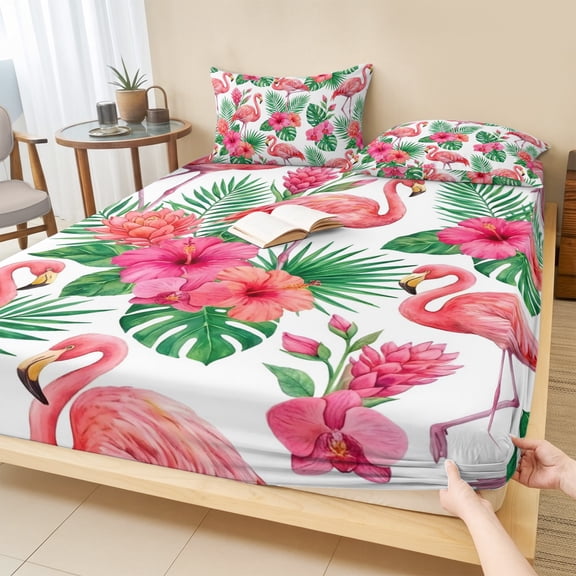 Twin XL Size Fitted Sheet Set - Pink Flamingo 2 Piece Bedding Sets 16" Deep Pocket Fitted Sheet with 1 Pillowcases, Summer Tropical Palm Leaves Floral Brushed Microfiber Hotel Luxury Bed Sheets