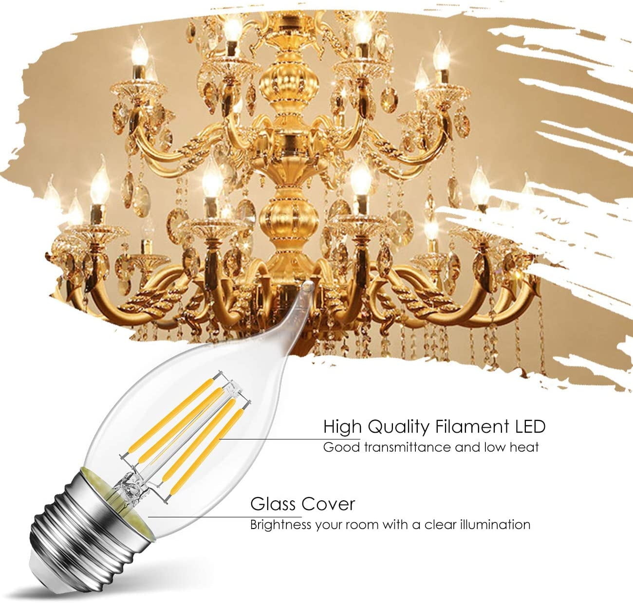 FEFEFW-Flame Tip LED Filament Bulb Candelabra E26 Base Dimmable 4.5W (60W Equivalent) B11 Chandelier Candle Light Bulb2700K Warm White 6-Pack