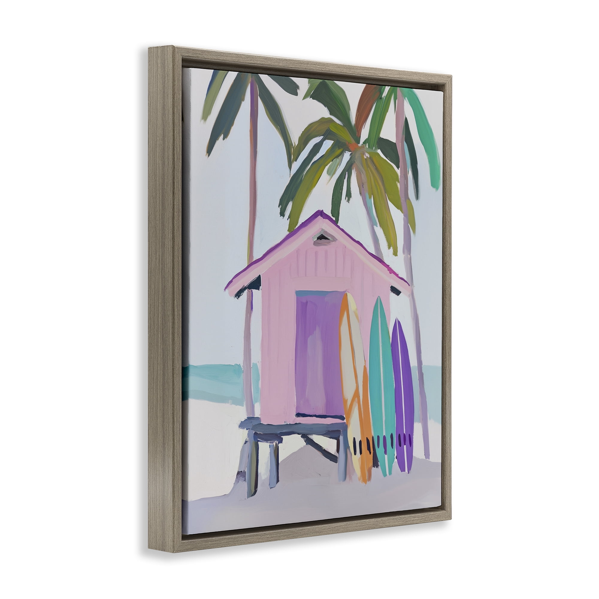 Stupell Industries Pink Beach Hut with Surfboards Brown Framed Floater Canvas Wall Art, design by Sisi and Seb