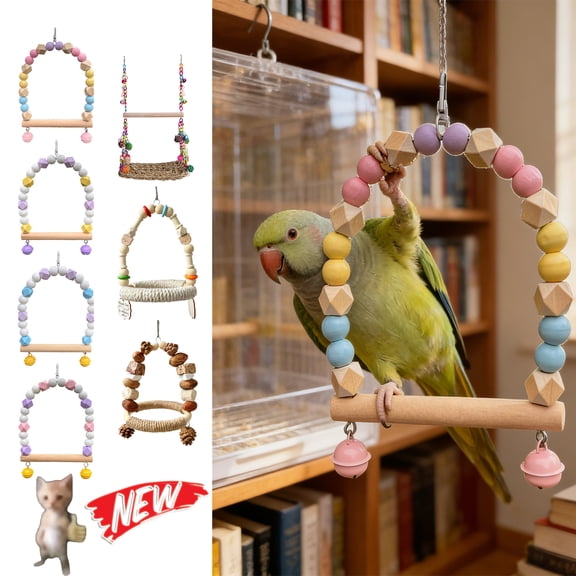 Tarmeek Wooden Swing Parrot Toys, Colorful Bells & Claw Sharpening Perch, Interactive Bird Cage Accessories, Promotes Exercise & Mental Development Bird Toys