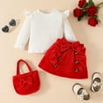 thumbnail image 4 of Otqutp Toddler Baby Girl Fall Outfits Long Sleeve T-shirt Top Bow Corduroy Suspender Skirt Overalls Toddler Girls Clothing Sets with Small Handbag (Red,12-18 Months), 4 of 9