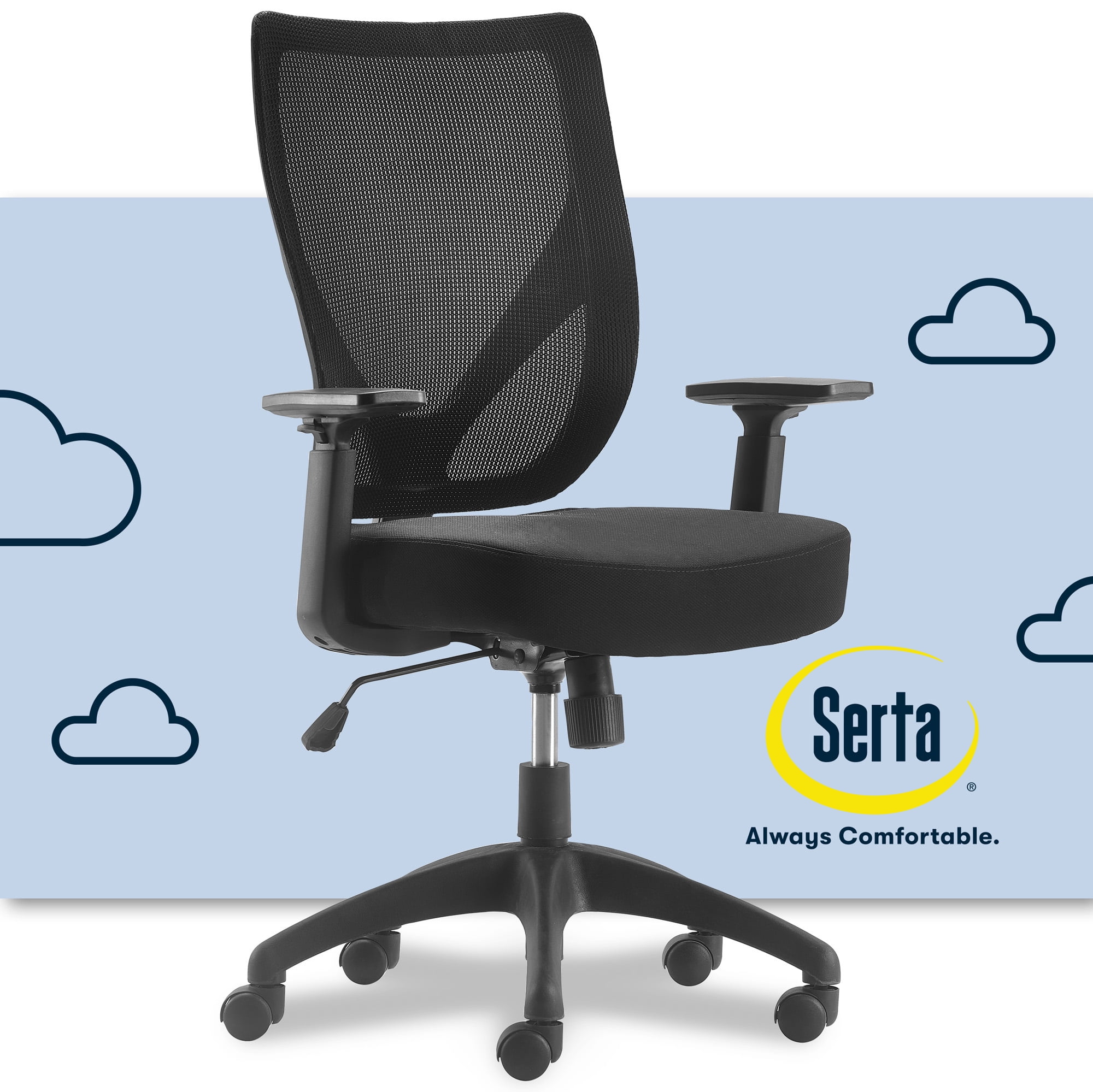 Serta Production Mesh Mid-Back Office Chair with Arms, 300 lb Capacity,  Black 