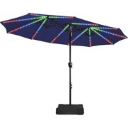 13 ft Large Patio Umbrella with Solar Lights, Double-Sided Rectangle Outdoor Market Umbrella with Multi-Mode LED Lights/Base Included/Crank for Patio Garden Yard Pool Lawn Navy Blue