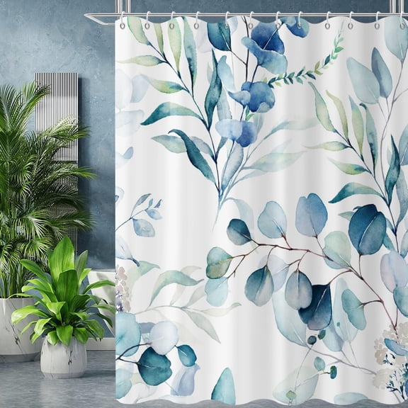Blue Eucalyptus Leaf Long Shower Curtain, Blue Botanical Watercolor Plants Bathroom Curtain Bathtub Home Decor Waterproof Fabric Machine Washable with 12 PCS Hooks,72" Wx84 L