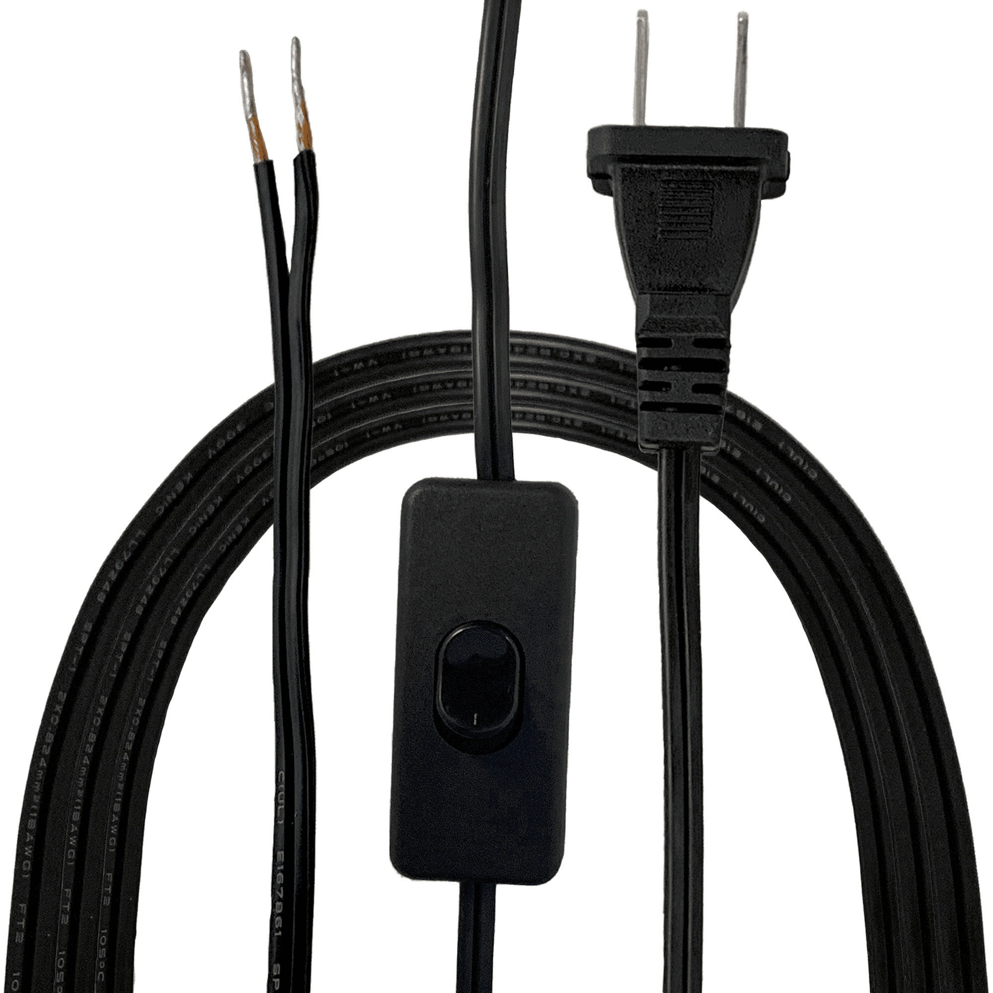 Royal Designs, Inc. Lamp Cord, Molded 2-Prong Plug, On/Off Switch, DIY Repair/Replacement, Stripped Ends Ready for Wiring, 8 Ft, Black, SPT-1 UL Stamped