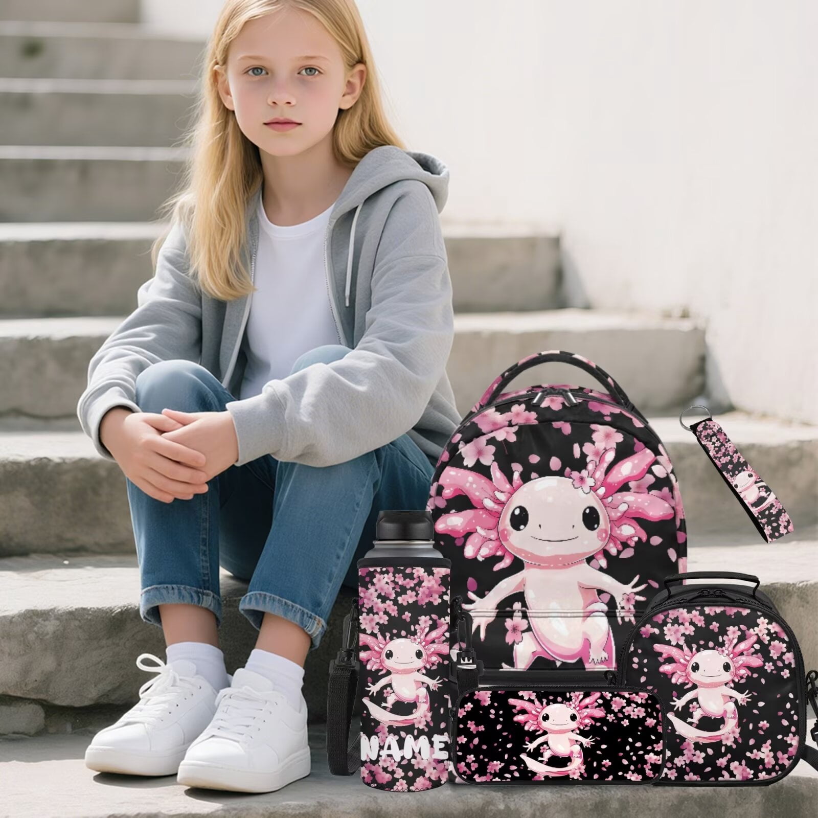 Pzuqiu Axolotl Cherry Blossom Kids Backpack School Bag Set with Lunch Box Pencil Case Water Bottle Bag 5 Piece Bookbags with Adjustable Shoulder Strap for Girls Teens
