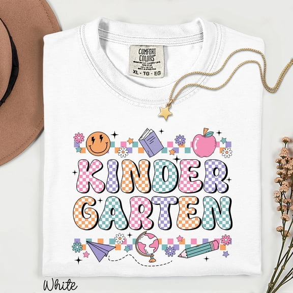 Kindergarten Teacher Shirt: Retro Checkered Back to School Tee Crew Neck Short Sleeve Tshirts Women