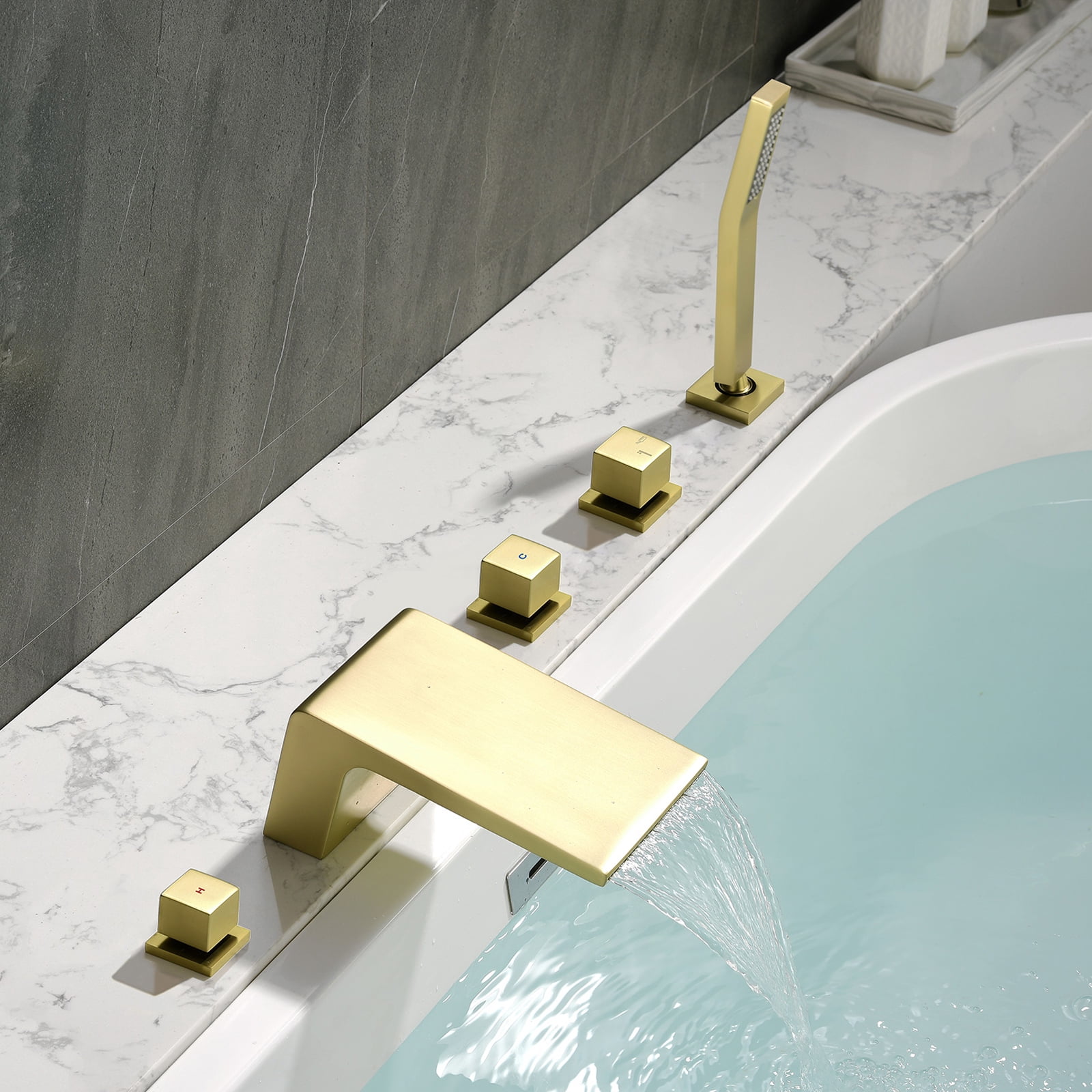 Cobbe Bathtub Faucet Set with Hot/Cold Water Switch, Diverter Knob, Handheld Shower and 4.72-Inch Wide Waterfall Spout 5-Hole Mount Brushed Gold