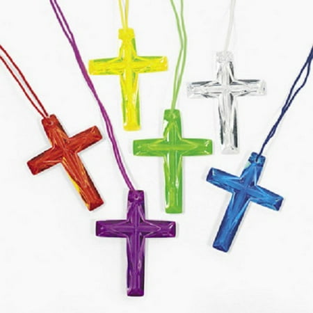 Religious Crystal - Lot of 48 Plastic Bright Color Crystal Cross Necklaces Religious Party Favors