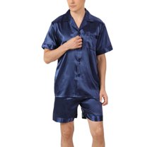 SWSMCLT Men's 2 Piece Pajamas Set Soft Silky Casual Sleepwear Pjs Satin Summer Thin Short Sleeve Button Down Blue Medium