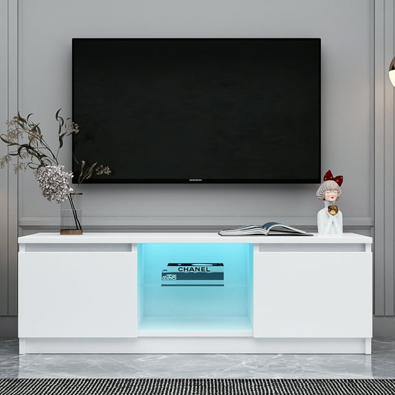 Television Stands for TVs up to 55'', Modern Gloss Entertainment Center with LED Lights, Media Console Table Storage Desk with Drawer and Open Shelves for Up to 55 Inch TV, White, S9816