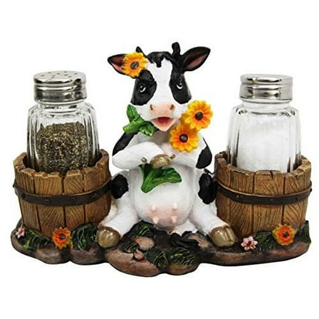 Ebros Sunflower Bovine Cow With Two Country Barrels Salt And Pepper Shakers Set