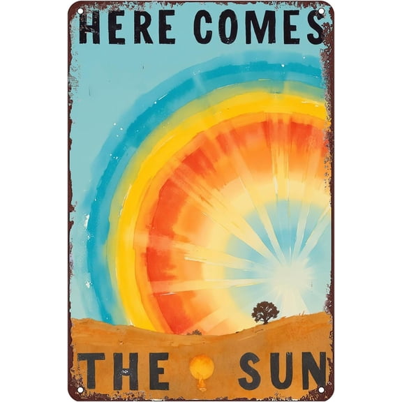 Here Comes the Sun Tin Sign Wall Decor - 12x8 Inch Tin Metal Vintage Style Wall Art for Living Room, Bedroom, Nursery, Music Lovers Gift for Beatles Fans
