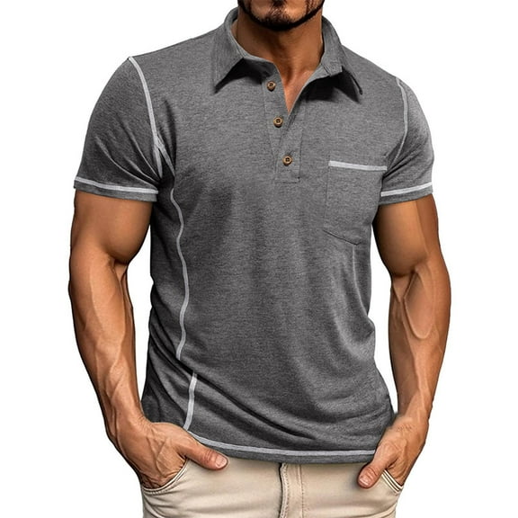 YLSDY Men's Casual Button Collared Shirts Classic Short Sleeve Basic Button T-Shirt Lightweight Cotton Golf Tops with Pocket Dark Gray XXXL