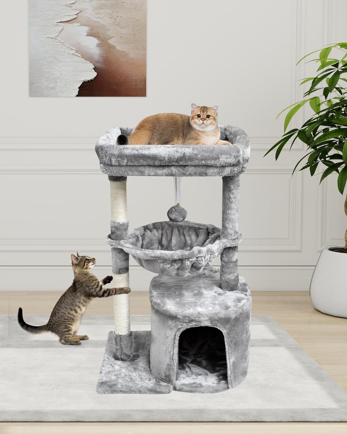 Small Cat Tree for Indoor Cats, Activity Cat Tower with Scratching Post for Kittens, Modern Cat Furniture with Basket & Hanging Ball for Play Rest, Grey