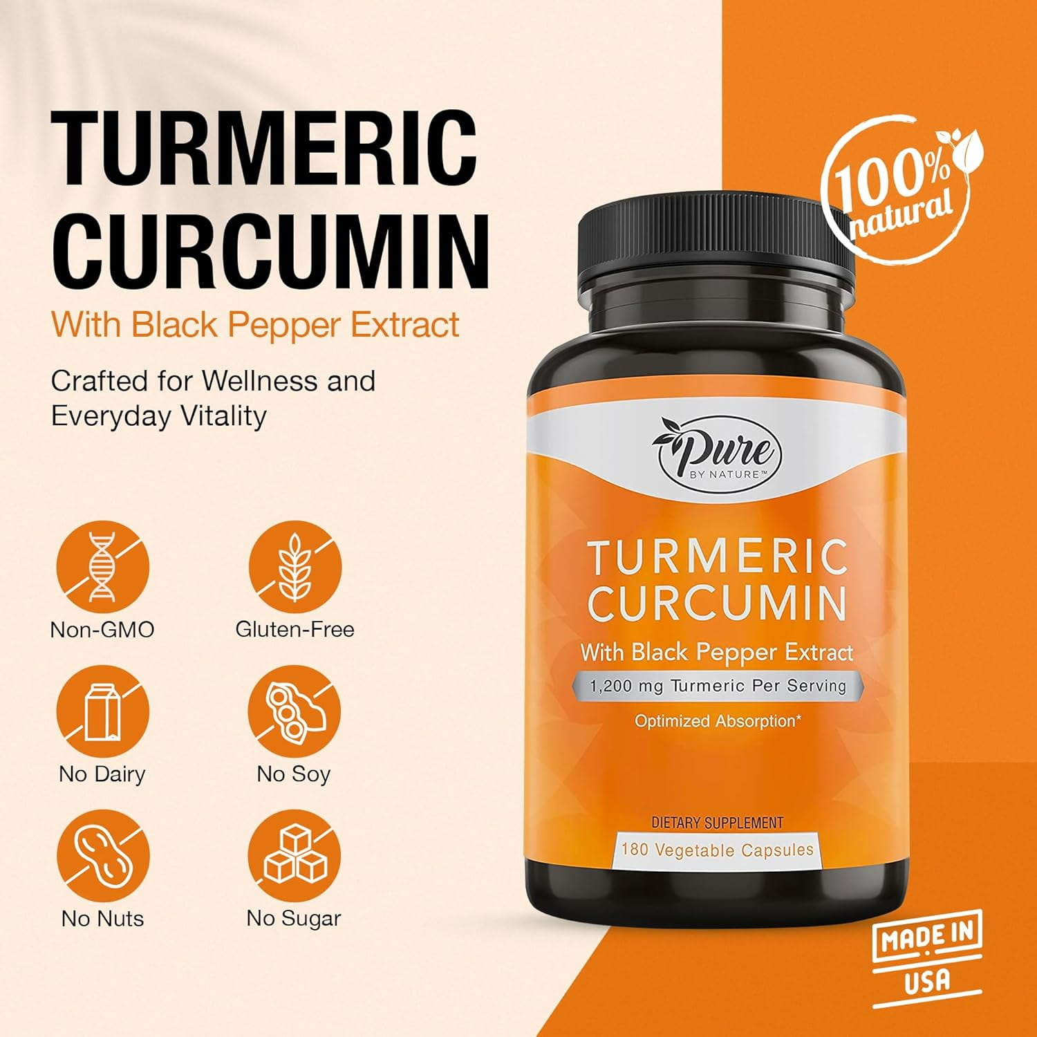 Pure By Nature Turmeric Curcumin with Black Pepper 1200 mg Capsules (180 Count)