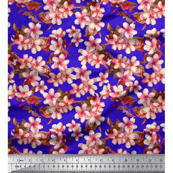 Soimoi Blue Japan Crepe Satin Fabric Blossom Floral Print Sewing Fabric Yard 42 Inch Wide