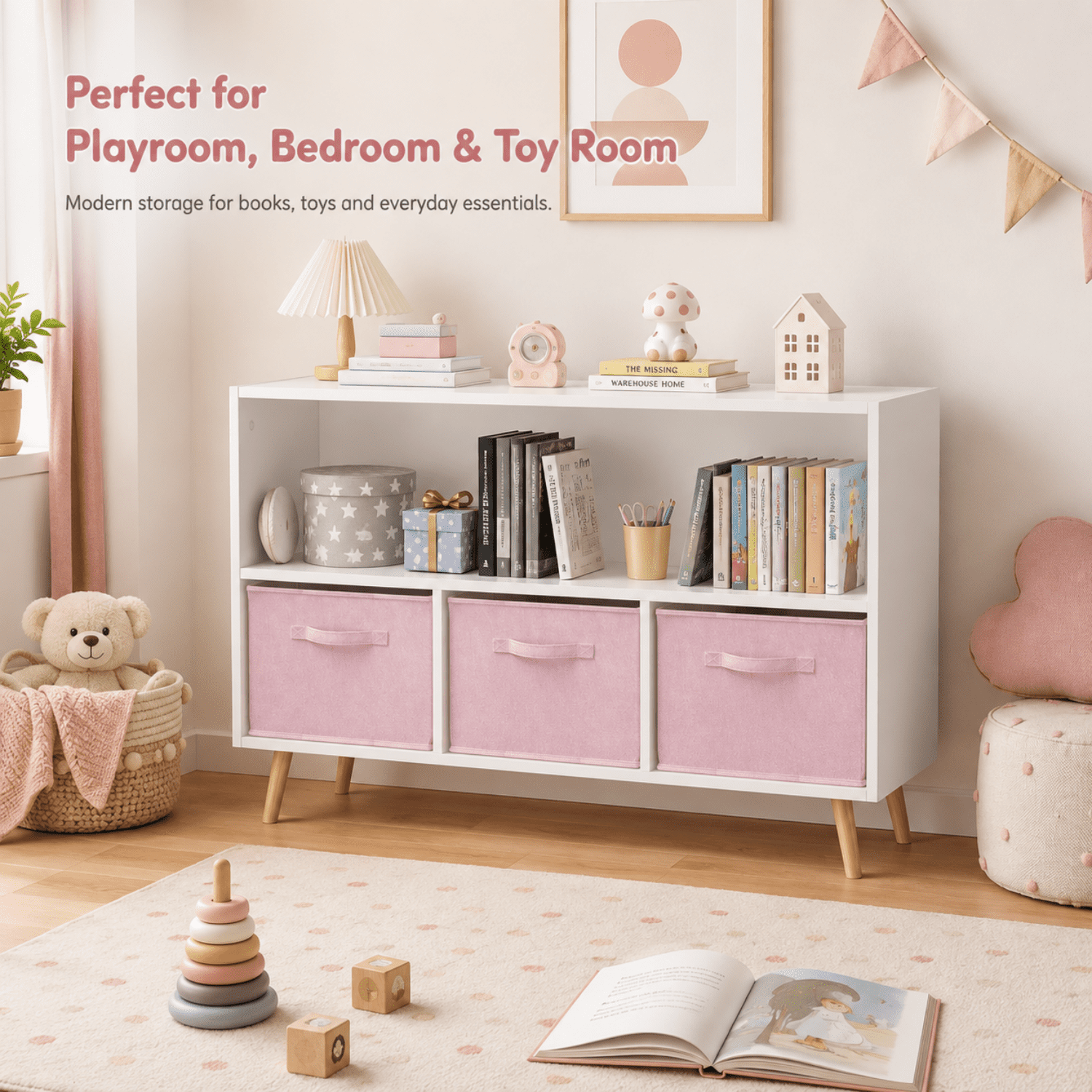 Miniyam Kids Bookcase with Storage Bins, 3 Fabric Drawers, Wooden Toy Organizer for Kids Room, Pink