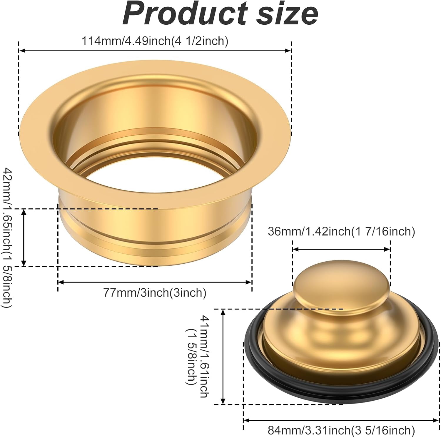 Kitchen Sink Garbage Disposal Flange and Stopper Fit Universal 3-1/2 Inch Standard Drain Hole, Stainless Steel Sink Flange Stopper Replacement Accessories, Gold