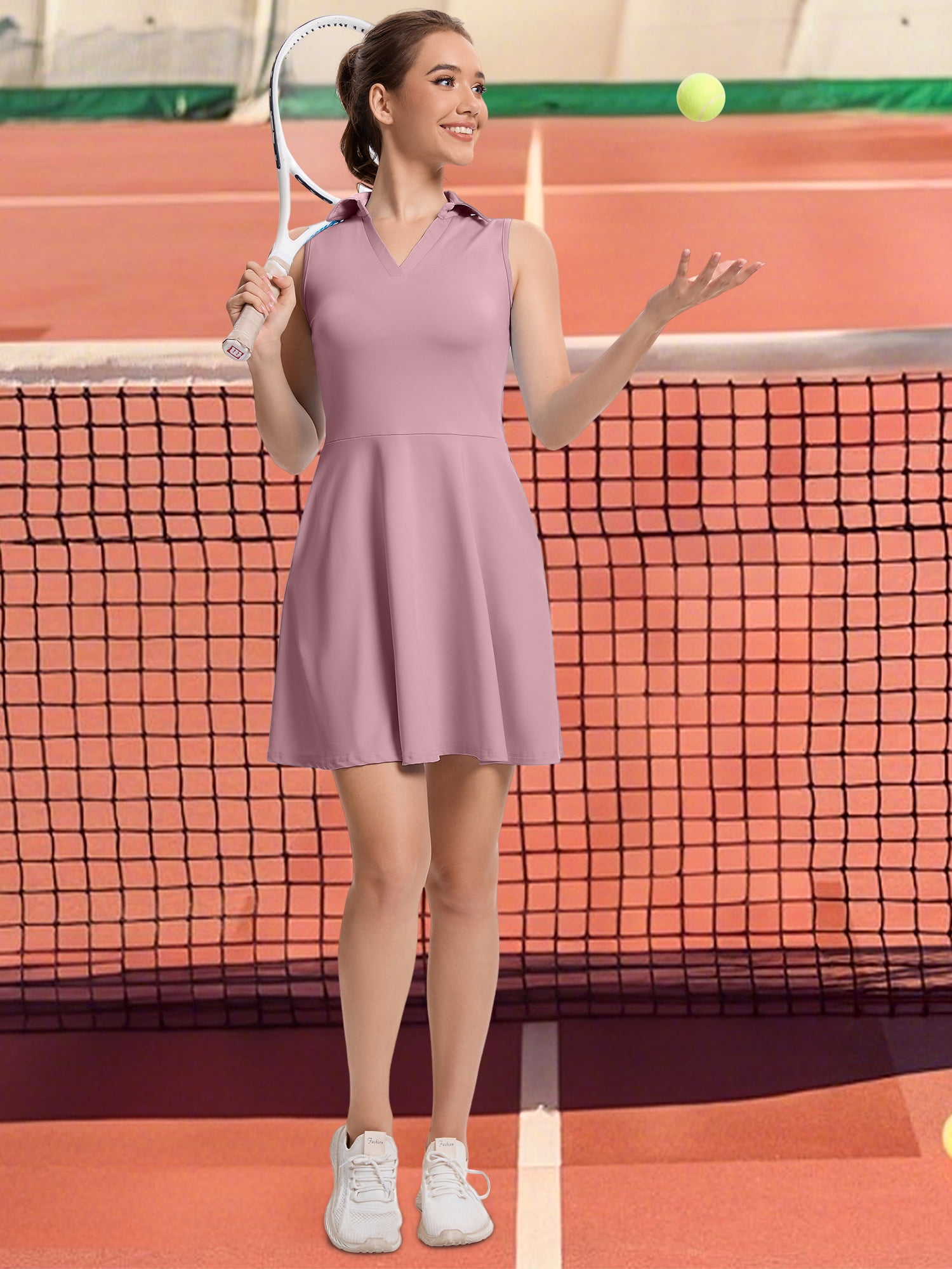 Hanerdun Womens Tennis Dress with Shorts Pockets Sleeveless Athletic Golf Dress Workout Activewear Pink XL