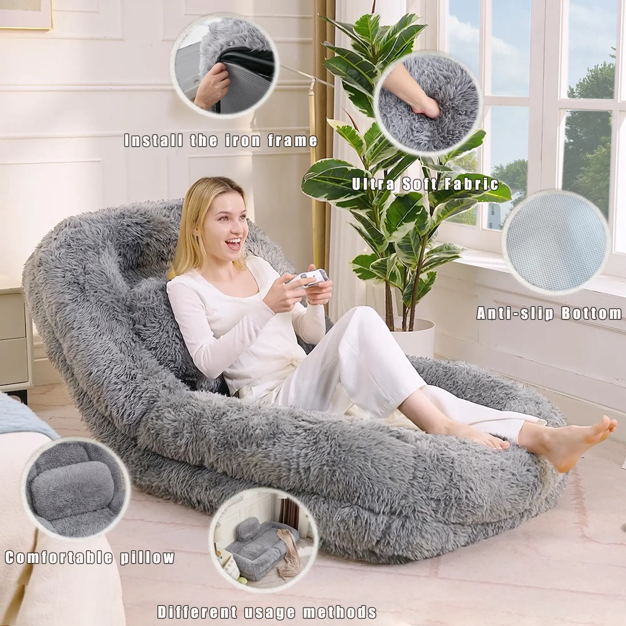 Aukfa Fold Lazy Sofa Bed, Floor Chair Small Couch with 5 Adjustable for Living Room, Plush Fabric,Gray