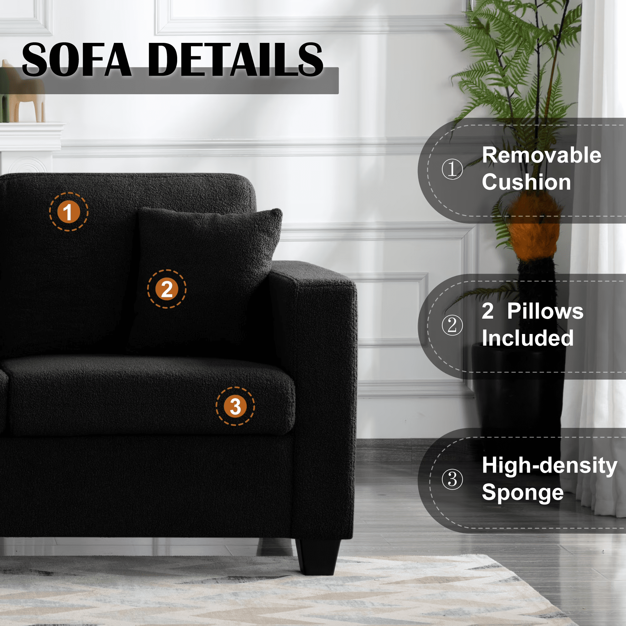 Gewnee 86.6”3-Seater Sofa Couch,Teddy Velvet Extra-Wide Deep Sofa Suitable for Living room, Bedroom, Office and Reception Room.Black