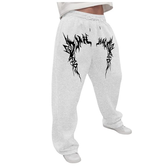 LIWENLI Men's Wide Leg Sweatpants Fleece Lined Baggy Pants with Open Bottom Drawstring Waist S-2XL (White,L)