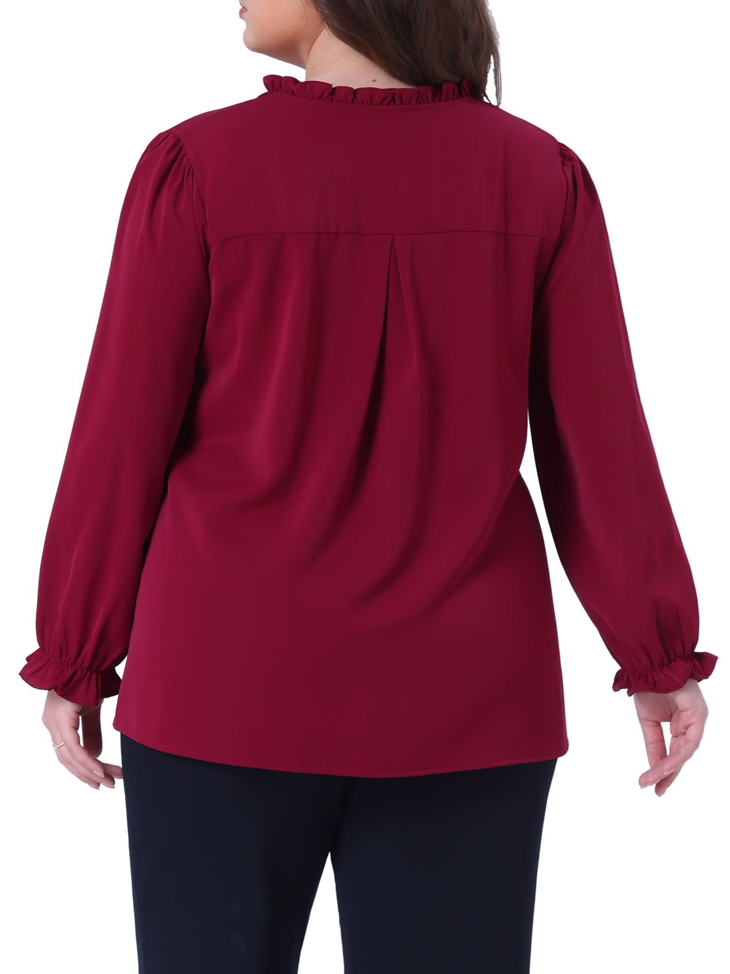 DARING DIVA Women's Plus Long Sleeve Ruffle Crew Neck Casual Blouse 4X Burgundy