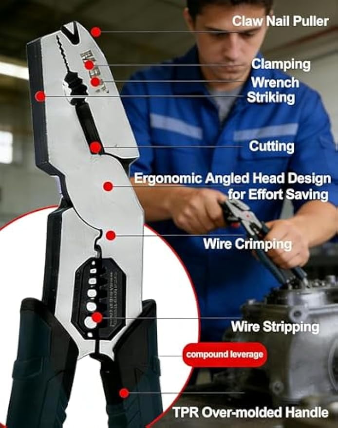 Industrial-Grade Multi-Function Cutting Pliers, 9-in-1 Multi-Functional Pliers Nail Puller, Heavy-Duty Offset Industrial MultiFunction Wire Cutter, High Leverage CR-V Stripper/Crimper