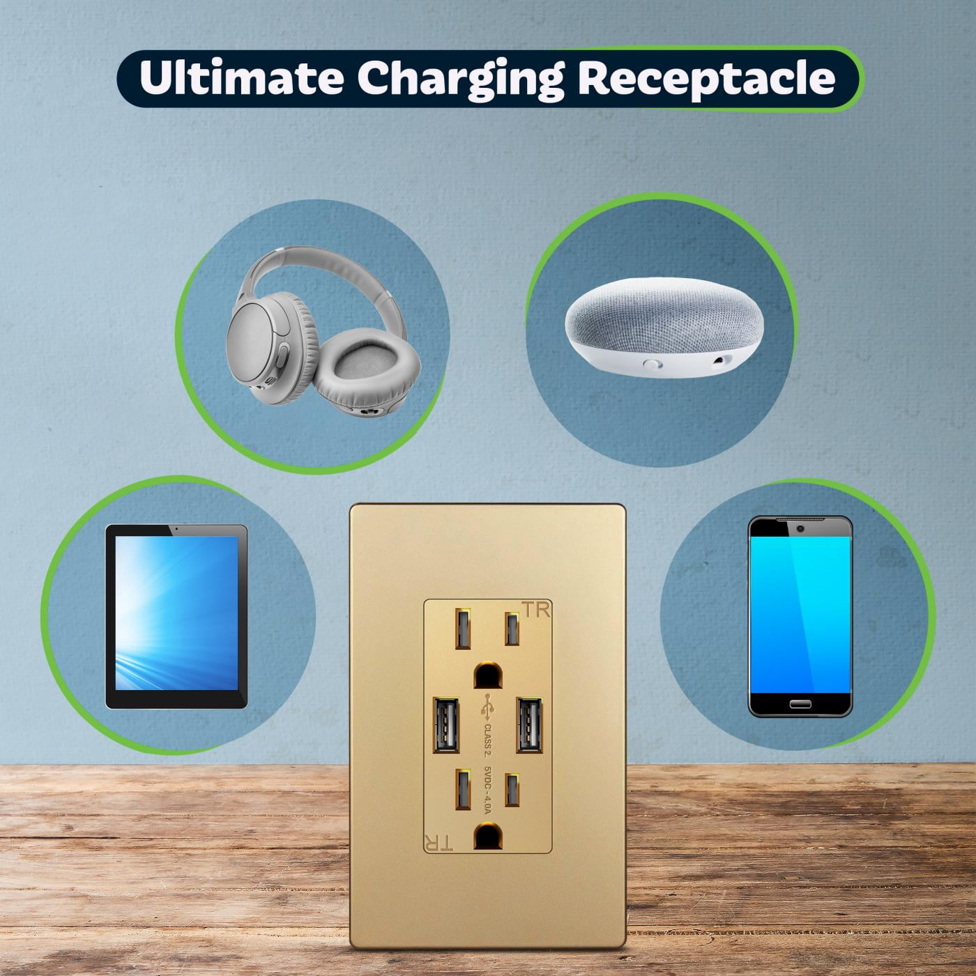 TOPGREENER High Speed USB Wall Outlet, 15A Tamper-Resistant Receptacles, Compatible with iPhone, Samsung Galaxy, LG, HTC & other Smartphones, UL Listed, TU2154A-GD, Gold