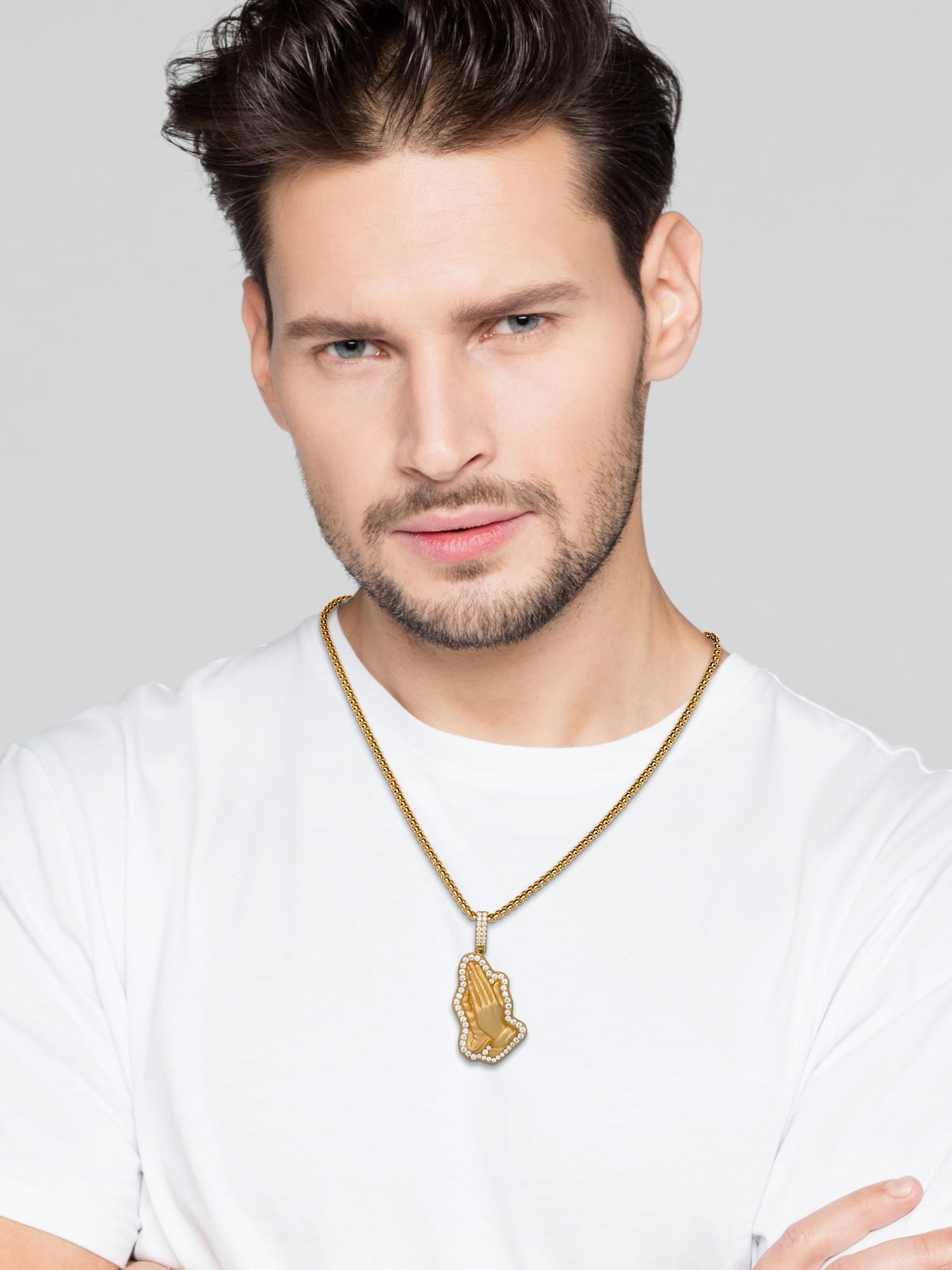 Shaquille O'Neal Men's Simulated Diamond Praying Hands Necklace, Yellow Gold Plated Sterling Silver, 24 Inch Chain