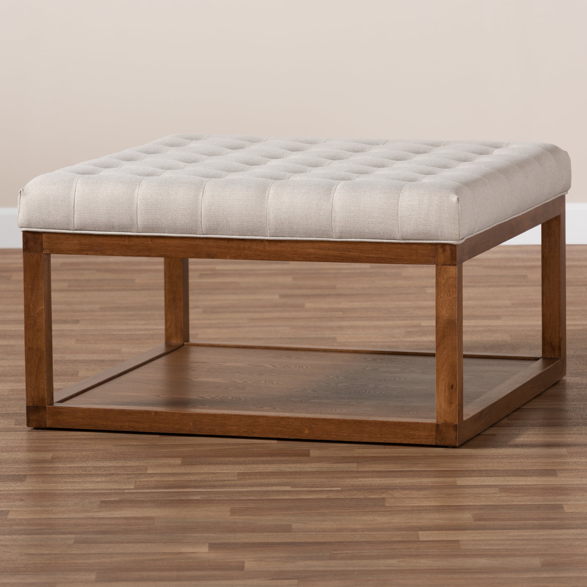 Baxton Studio Alvere Modern and Contemporary Beige Fabric Upholstered Walnut Finished Cocktail Ottoman