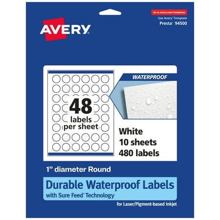 UPC: 0072782365806 | Avery Durable Waterproof Round Labels with Sure Feed  Print to the Edge  1  Diameter  480 Oil and Tear-Resistant Labels  Laser/Pigment-Based Inkjet Printable Labels (36580)