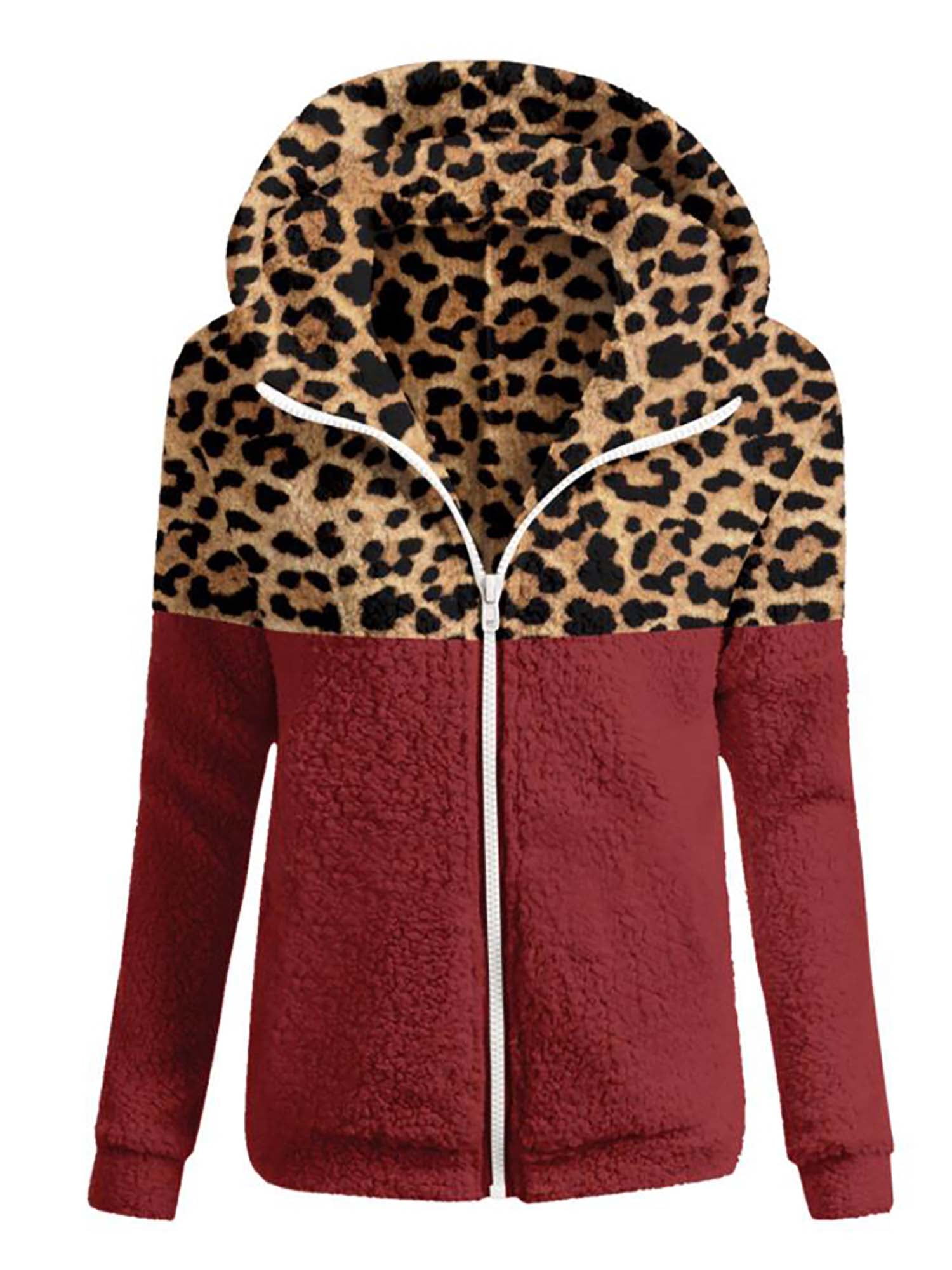 KANGMOON Womens Leopard Coat Casual Fleece Sherpa Fuzzy Lapel Cozy Shearling Zipper Winter Jacket with Pockets 