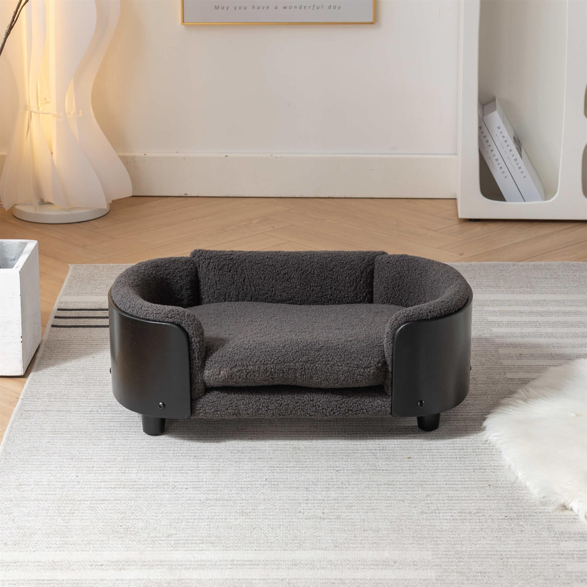 Pefilos 26" Pet Sofa for Indoors Dogs, Cat and Dog Bed with Solid Wood Legs and Black Bent Wood Back, Cashmere Cushion, Gray Pefilos 26" Pet Sofa for Indoors Dogs, Cat and Dog Bed with Solid Wood Legs and Black Bent Wood Back, Cashmere Cushion, Gray
