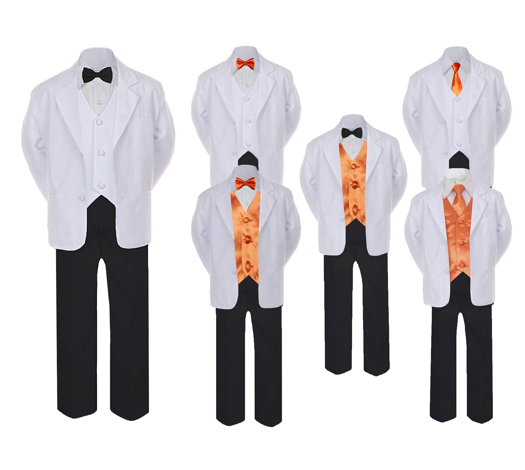 5-7pc Formal Black White Tuxedo Suit Orange Bow Necktie Vest Boy Baby Sm-20 Teen 