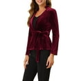 thumbnail image 4 of INSPIRE CHIC Women's Work Office Belted Notched Lapel Long Sleeves Velet Blazer XS Wine Red, 4 of 6