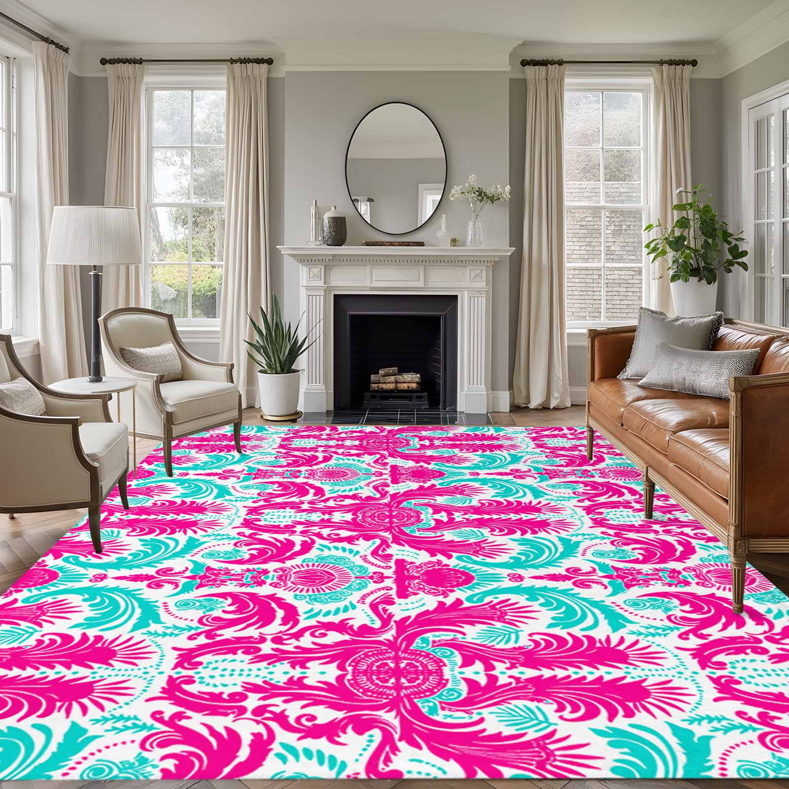 Abstract Retro 5x7 Rug for Living Room Sofa and Coffee Table Layout Feather Dot Pink Green White Texture Washable Non Slip Rectangle Area Rug
