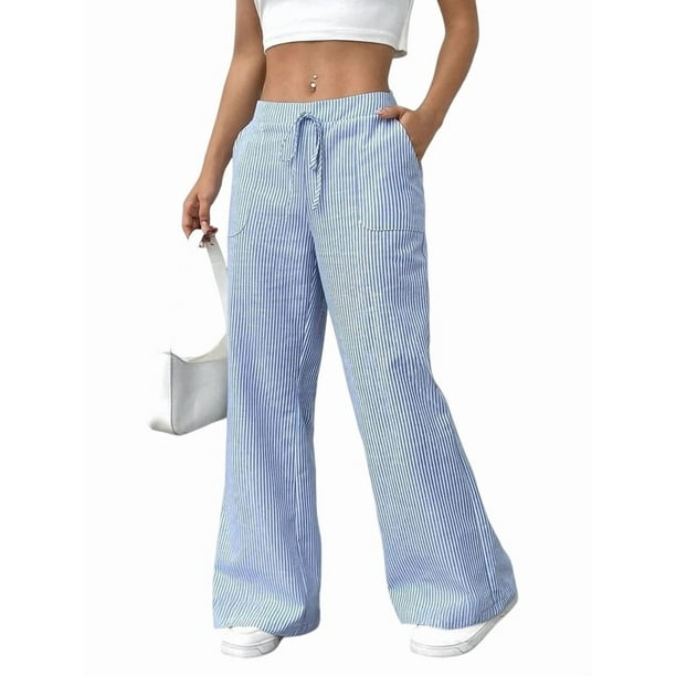 Pantalones de Salón A Rayas de Pierna para Mujer, Cintura Elástica y Bolsillos Azul XXL