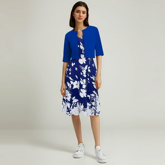 WILLBEST Robes en Jean pour Femmes Sans Manches Imprimé Floral Robe Débardeur et Haut à Manches Courtes Coupe Régulière Ensemble Deux Pièces