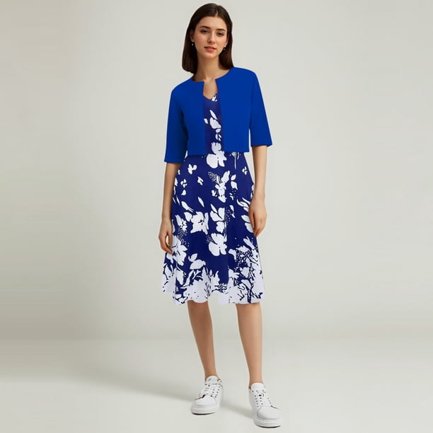 WILLBEST Vestidos Floreados para Mujer Vestido sin Mangas con Estampado Floral y Top de Manga Corta para Mujer Conjunto Informal de Dos Piezas de Corte Regular de Verano 不定位印花 Grande